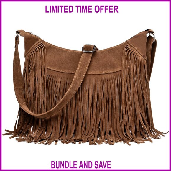 Handbags - Vintage Vegan Suede Hobo Crossbody Bag with Fringe Tassels, Multi-Pocket